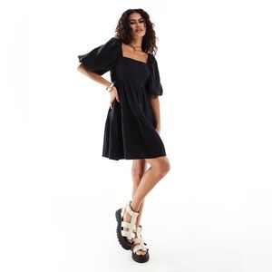 Monki square neck mini dress with tiered hem in textured black Medium
